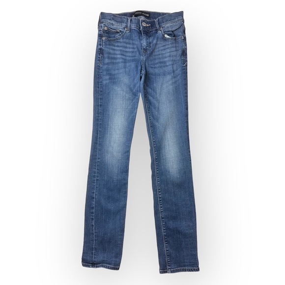 Express Jeans Blue Denim Distress Whiskers Performance Stretch Skinny Mid Rise 2 - Picture 1 of 11